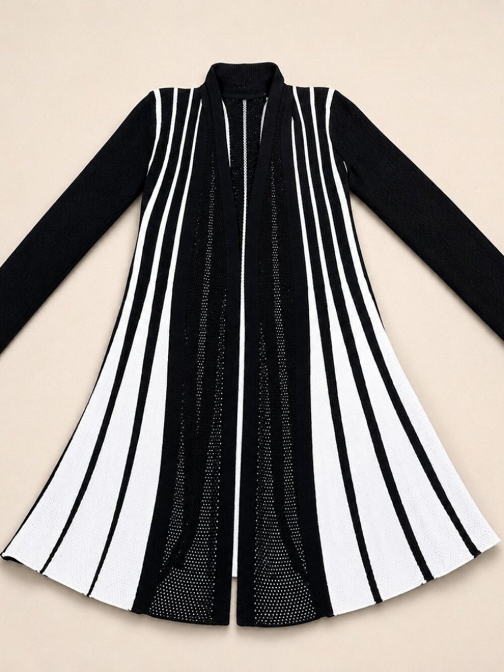 Black White Ribbed waterfall Long Cardigan Open Front Sweater